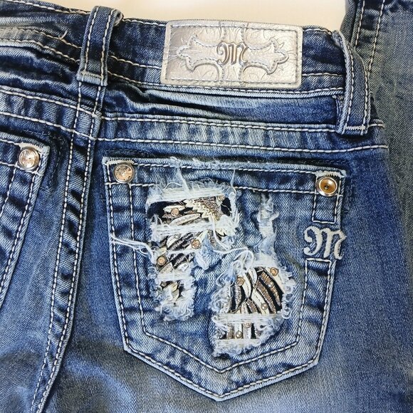 Miss Me Signature Straight Leg Jeans Size 24 Distressed Rhinestone Sequin Pocket - Picture 7 of 16